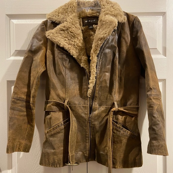 Winlit Coat Genuine Leather Distressed Brown Belted With Faux Fur Collar Size S - Picture 1 of 6